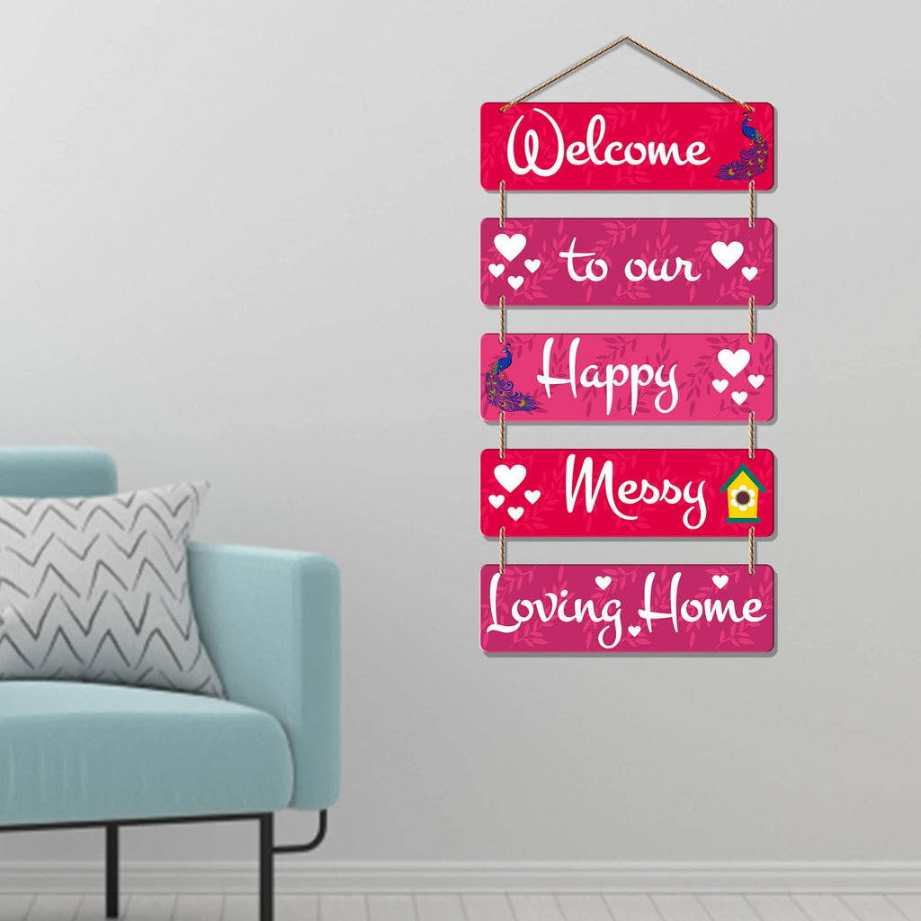 Artvibes Welcome To Our Happy Messy Loving Home Wooden Wall Hanger for Gateway | Quotes Decor Item | Door Quotes Hanging | Wall Poster | Wall Art Print | Gift Items for Home Decor (WH_6201N)