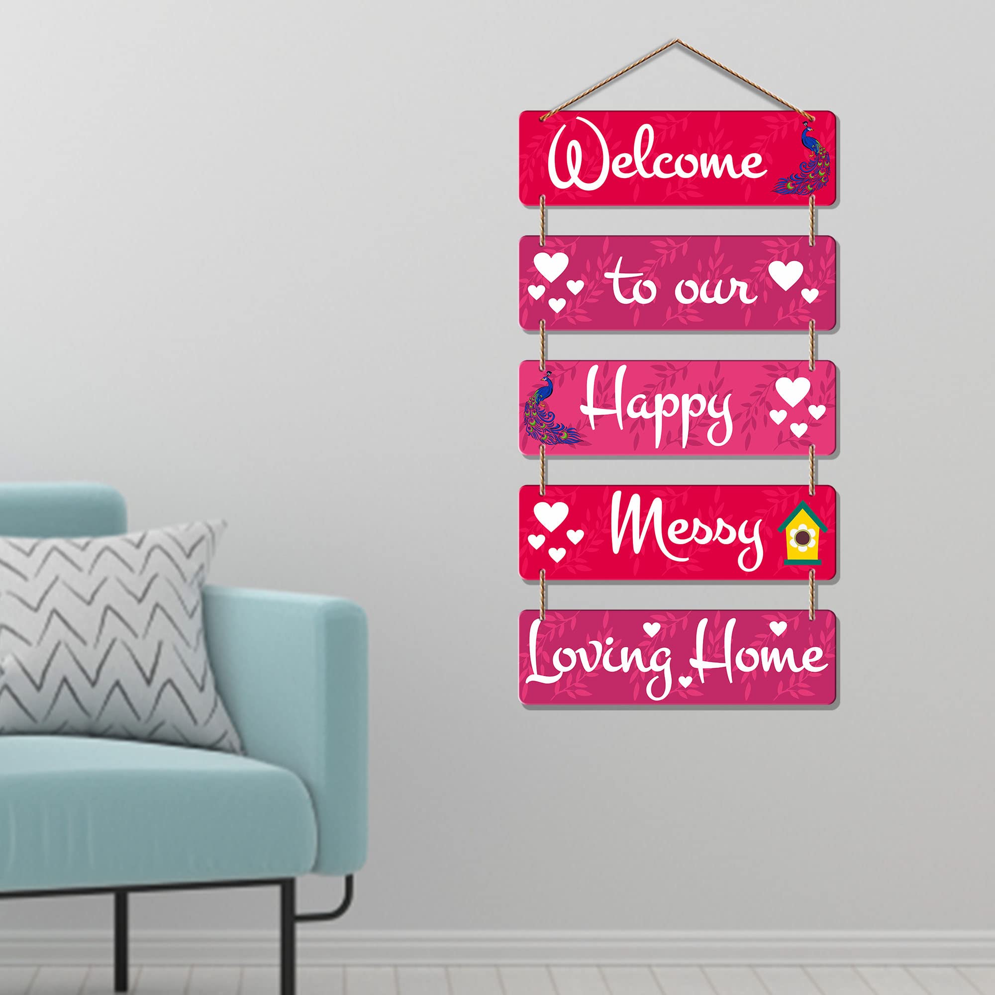 Artvibes Welcome To Our Happy Messy Loving Home Wooden Wall Hanger for Gateway | Quotes Decor Item | Door Quotes Hanging | Wall Poster | Wall Art Print | Gift Items for Home Decor (WH_6201N)