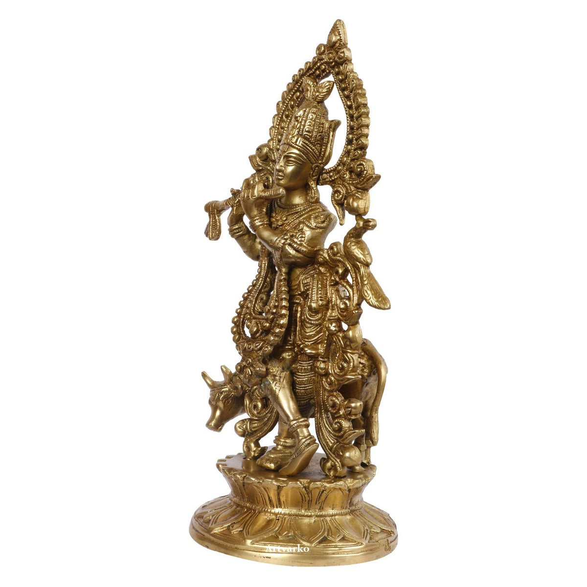ARTVARKO Brass Bhagwan Krishna Murti with Flute and Cow 12 Inch | Premium Handcrafted Lord Krishna Idol for Home Temple, Mandir, Living Room & Spiritual Décor | Religious Gift