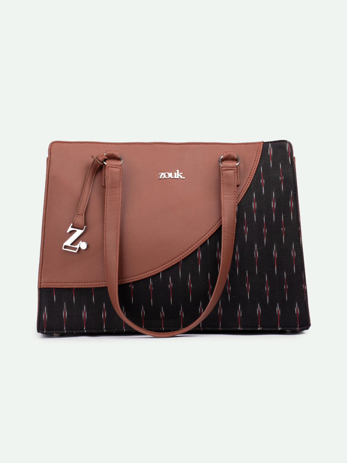 ZOUK Ikat GreRed Office Essential Bag | Jute | Vegan Leather Handcrafted Tote Bag With Double Handle Shoulder Strap| Black and Red