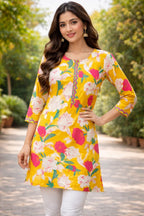 Women's Floral Printed Rayon Short Kurta, Yellow, Round Neck, 3/4 Sleeves, Casual & Office Wear (in, Alpha, 2XL, Regular)