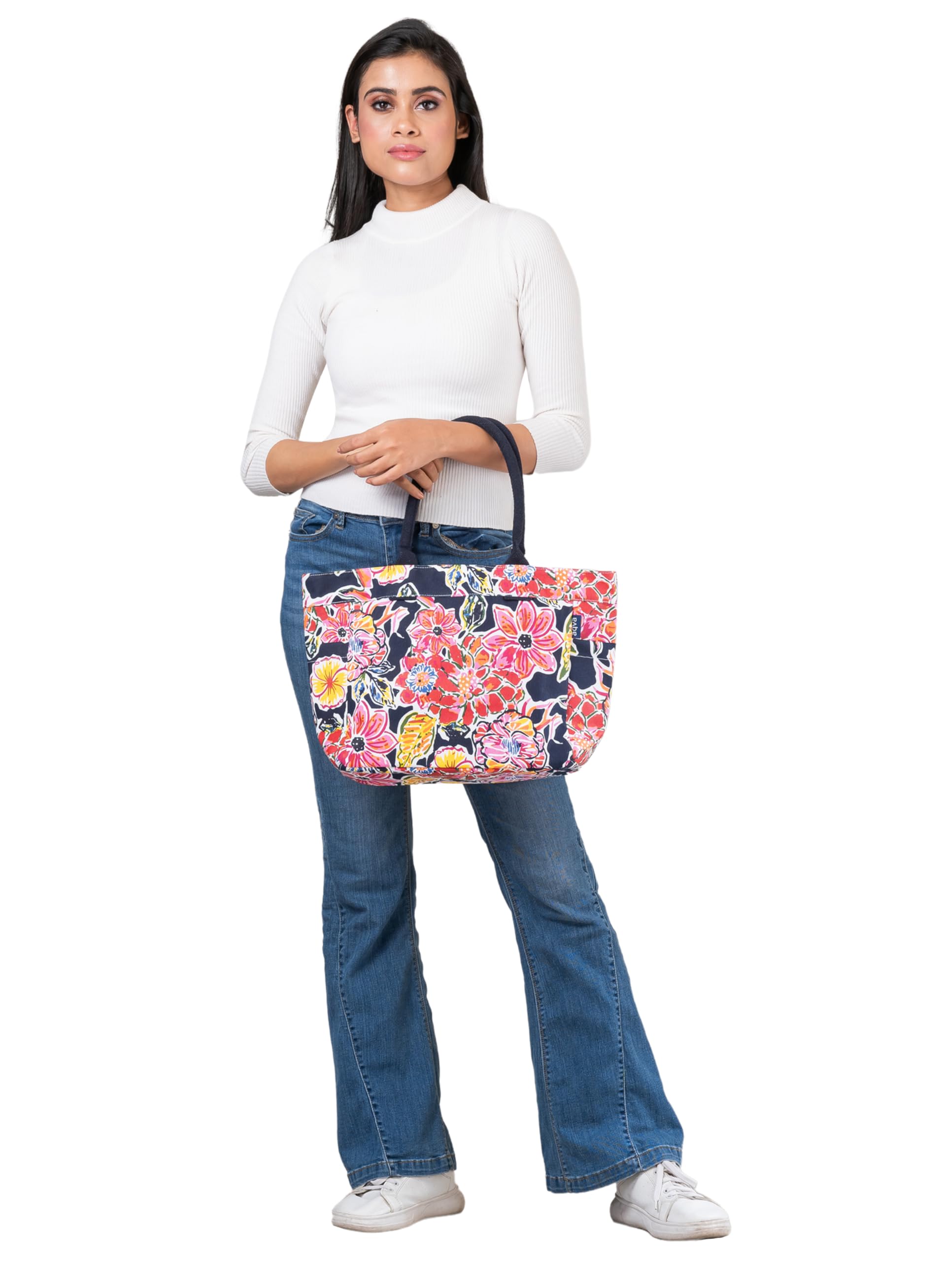AQVA Cotton Canvas Tote Bag for Women with Side Pockets | Trendy Stylish Multipurpose Handbag with Zipper | Shoulder Bag for Shopping, Travel and Work | Guldasta, Navy Blue