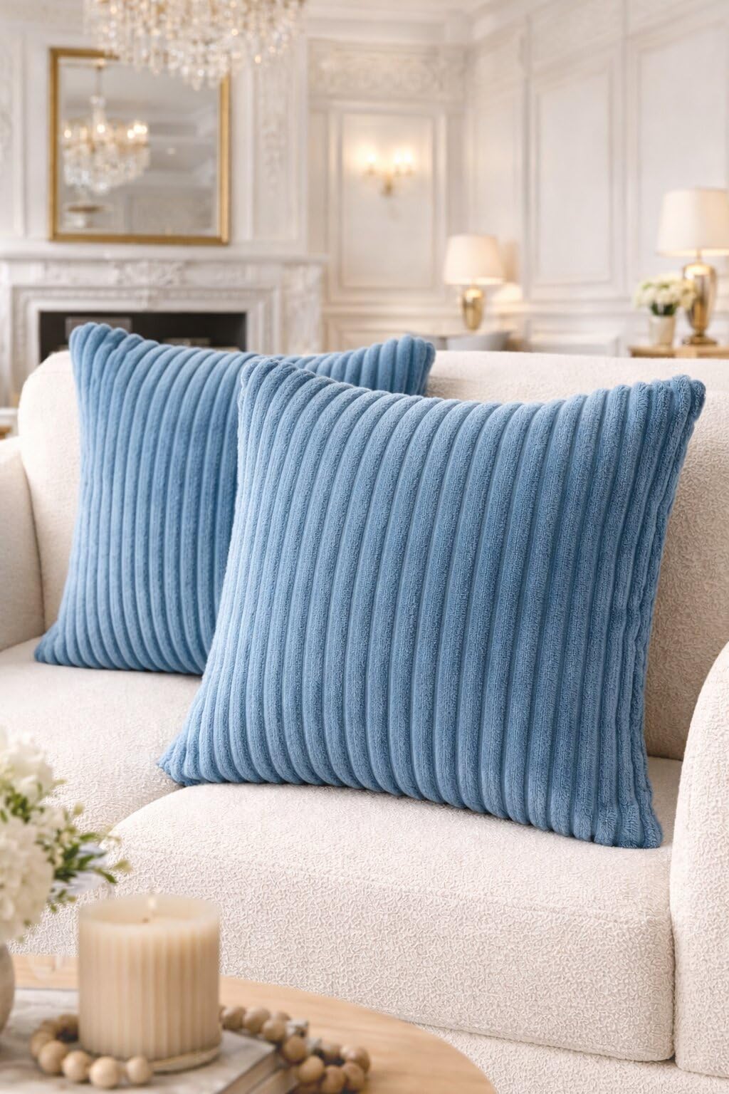 AWARD VELVETS Premium Faux Rabbit Fur Plush Luxury Soft Fluffy Striped Decorative Throw Pillow/Cushion Covers for Sofa, Couch, Living Room - (Blue, 24 x 24 inch) Set of 1