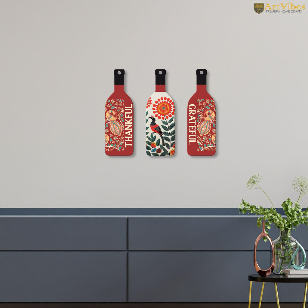 Artvibes Thankful Grateful Decor Decorative Wall Hanging Ornaments | Quotes Decor Item | Wall Accent | Office Decor | Inspirational Quotes Wall Art | Mdf Wall Decoration | Gifts (WH_9522N), Set of 3