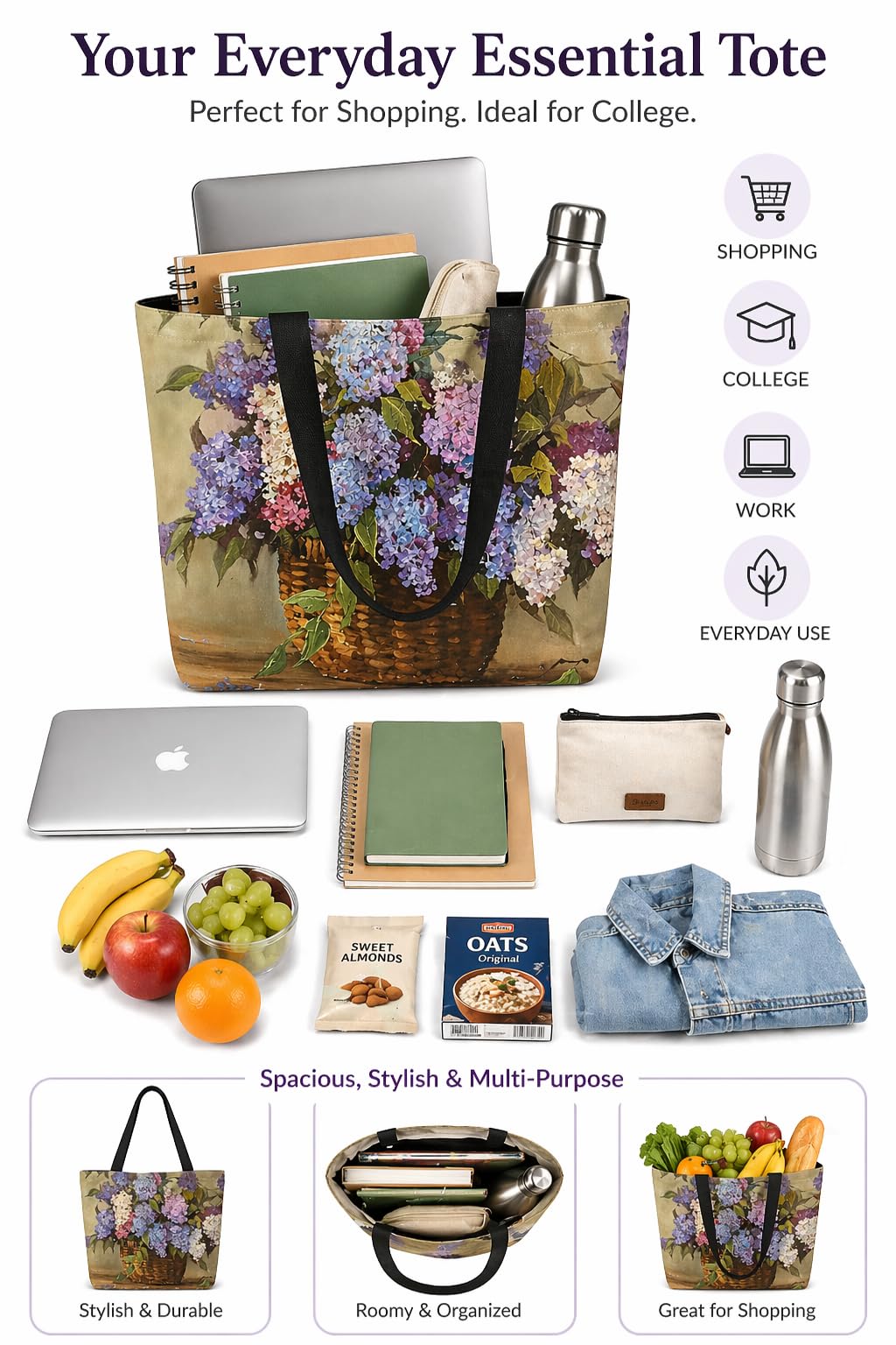 HOMELYA Large Cotton Canvas Zippered Tote Bag for Women | Reusable Eco-Friendly Shoulder Carry Bag | Spacious Shopping, Office & College Handbag (Big Purple)