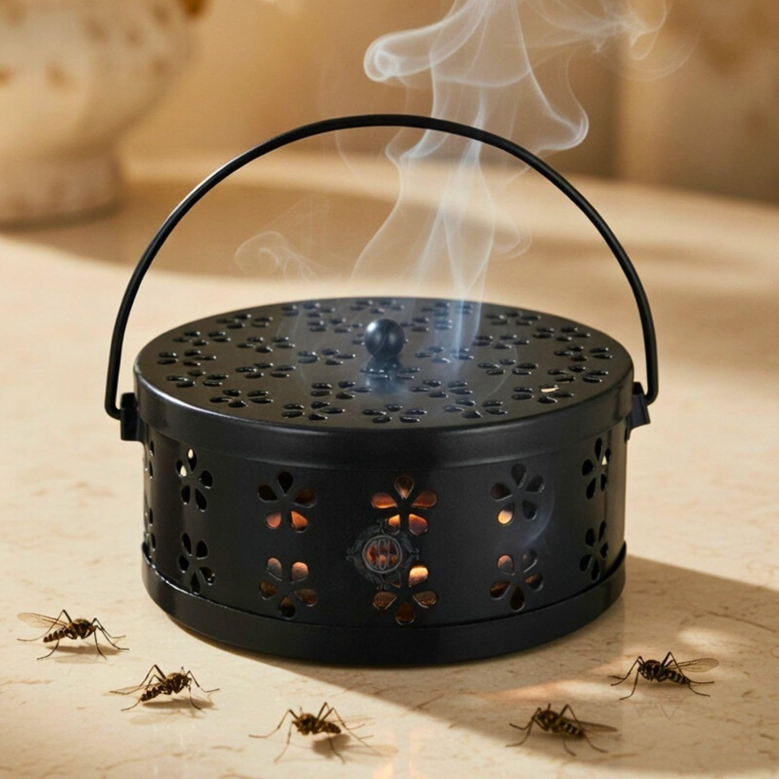 DSH Metal Mosquito Coil Holder with Lid & Handle Ash Catcher Stand for Mosquito Coil Indoor Outdoor Safe Use (Black)