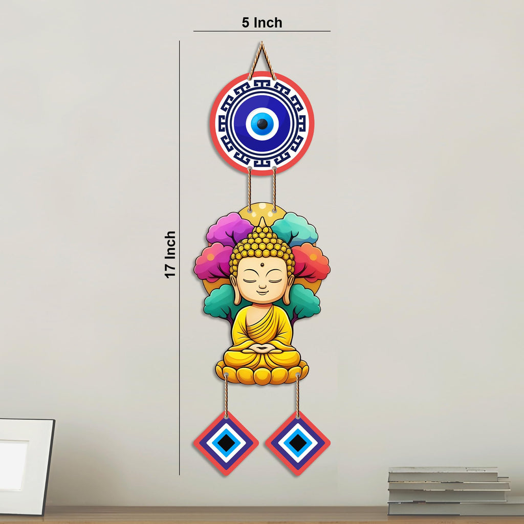 Artvibes Buddha Serenity Wall Hanging with Evil Eye Protection Charms | Spiritual Decorative Hanging for Meditation | Yoga and Prayer Rooms | Wooden Home Decor Accent for Living Room (WH_85100N)