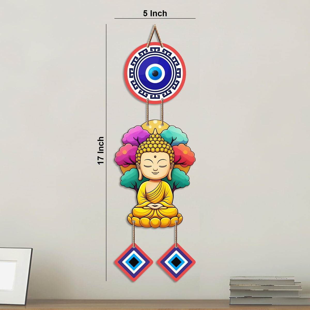 Artvibes Buddha Serenity Wall Hanging with Evil Eye Protection Charms | Spiritual Decorative Hanging for Meditation | Yoga and Prayer Rooms | Wooden Home Decor Accent for Living Room (WH_85100N)