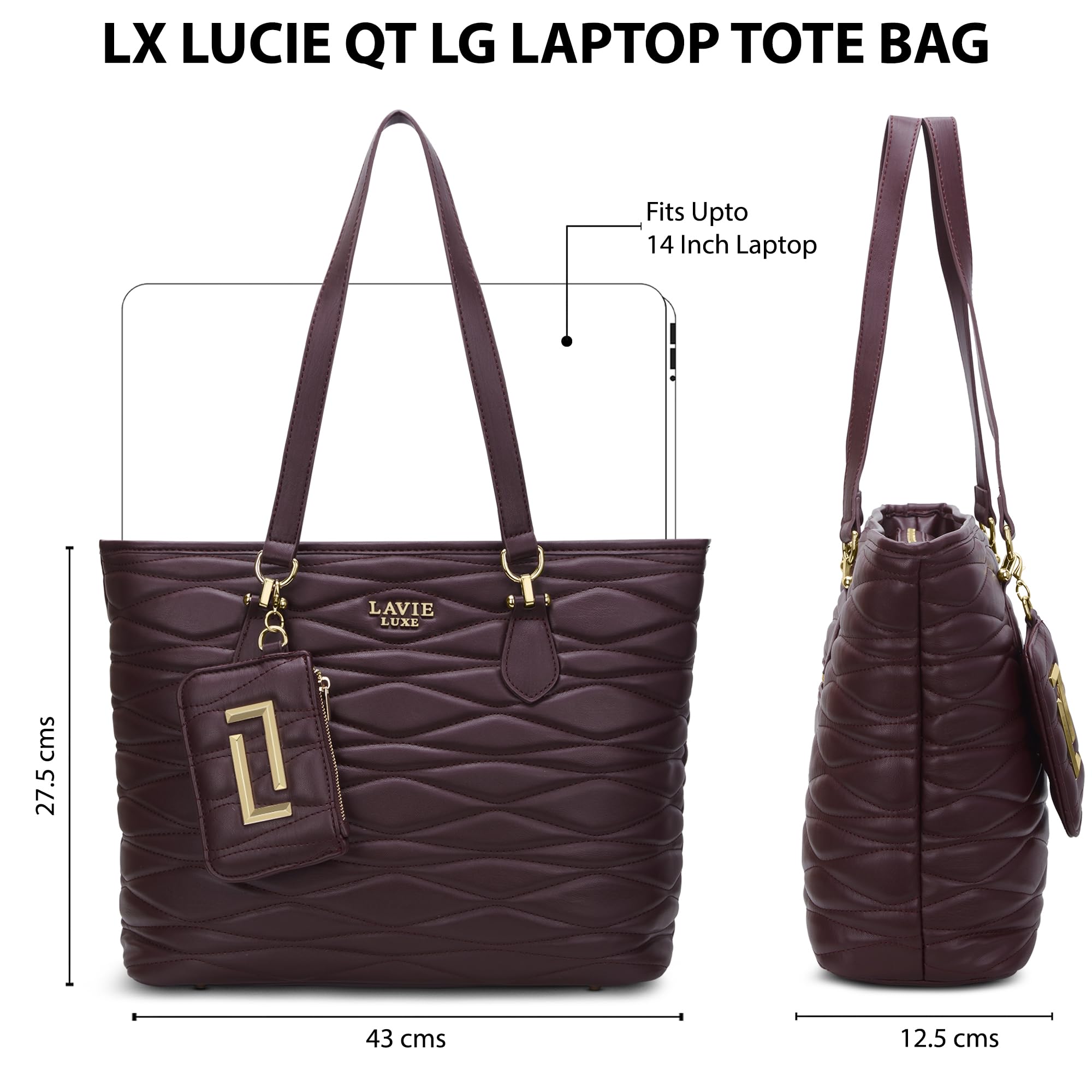 Lavie Luxe Women's Lucie Quilted Large 14 Inch Laptop Tote Handbag | Tote Bag for Work | Ladies Purse | Stylish Shoulder Bag | Gift for Women