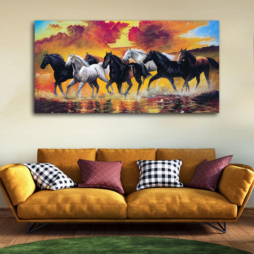 VIBECRAFTS Canvas Paintings for Living Room Drawing Room Panoramic Running Seven Horses Abstract Wall Painting Fitted with Wooden Frame for Home|Office|Gift(PTVCH_2271N)