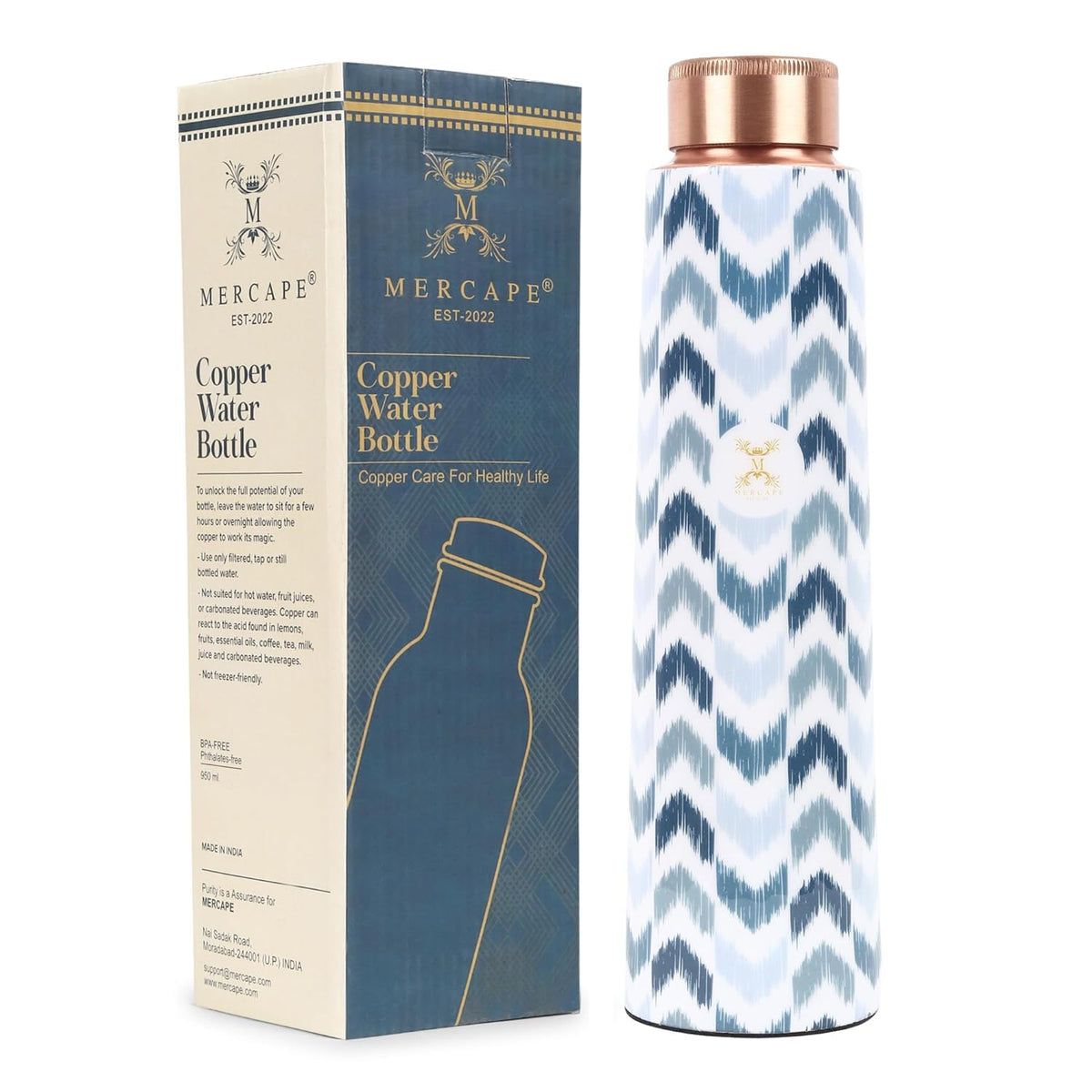 MERCAPE® - Zigzag100% Pure Joint Less Copper Bottles for Water with Leak Proof Lid | Ayurveda BPA Free & Non Toxic | Ayurvedic Office | Gym Yoga Bottle | Bottle for Health Benefits - 900ml