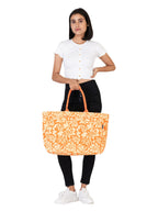 AQVA Stripe Printed Tote Bag for Women | Ladies Casual Handbag for Shopping, Travel with Top & inner Zip Pocket | Versatile Trendy Handbag for College Girls (Phool Ecru Orange)