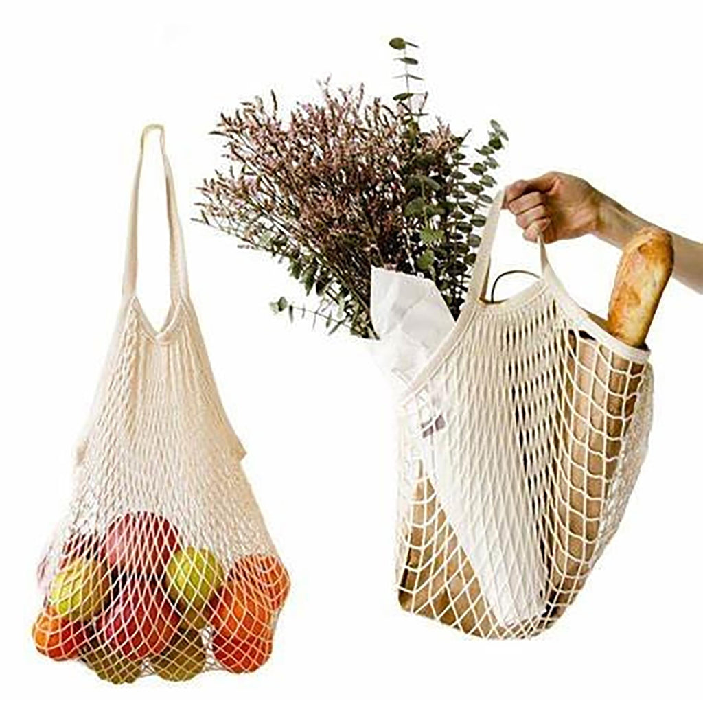 MSK Looms Eco Friendly Light Weight Cotton Net String Bag with Long Handle, Reusable Produce Bag for Fruits and Vegetable - White
