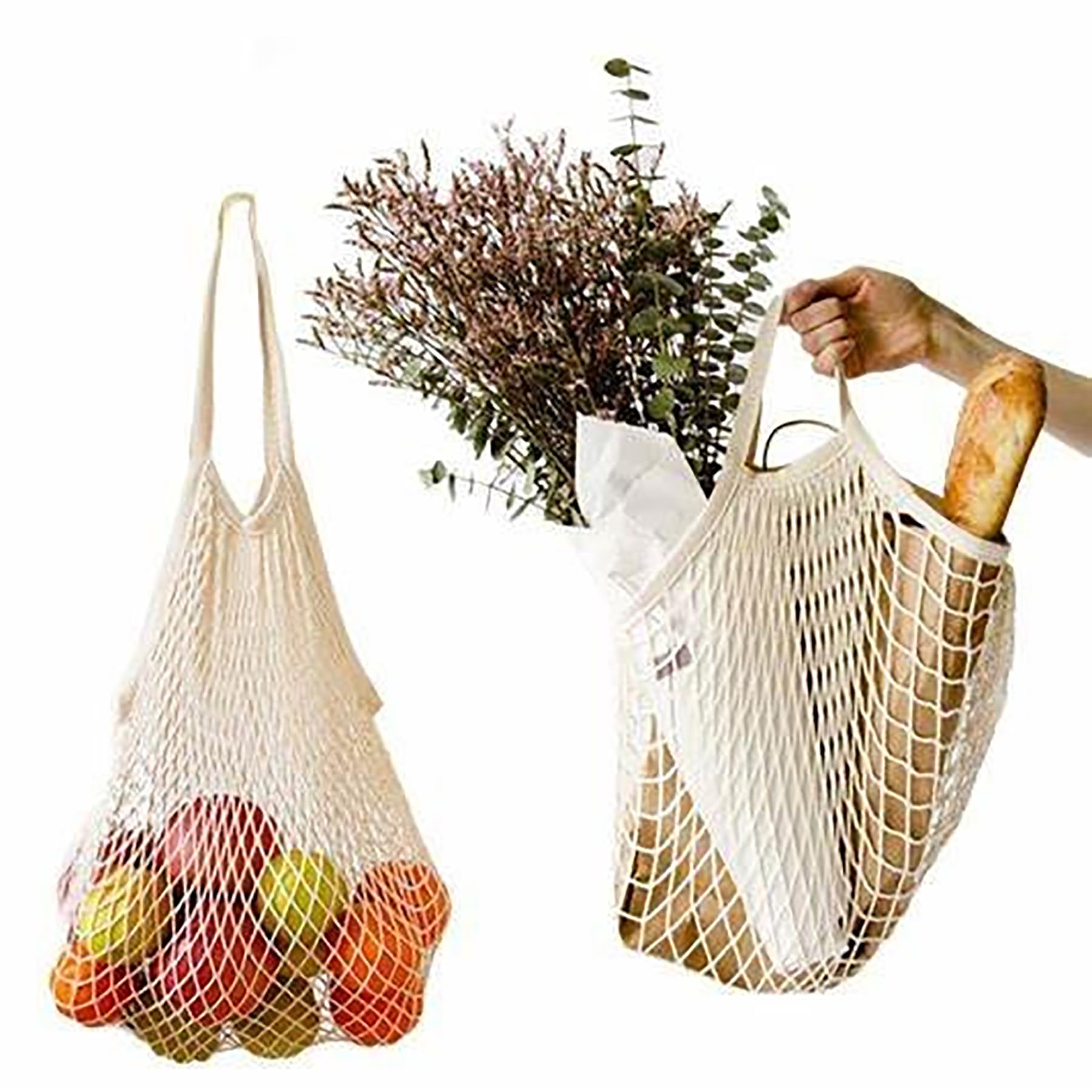 MSK Looms Eco Friendly Light Weight Cotton Net String Bag with Long Handle, Reusable Produce Bag for Fruits and Vegetable - White