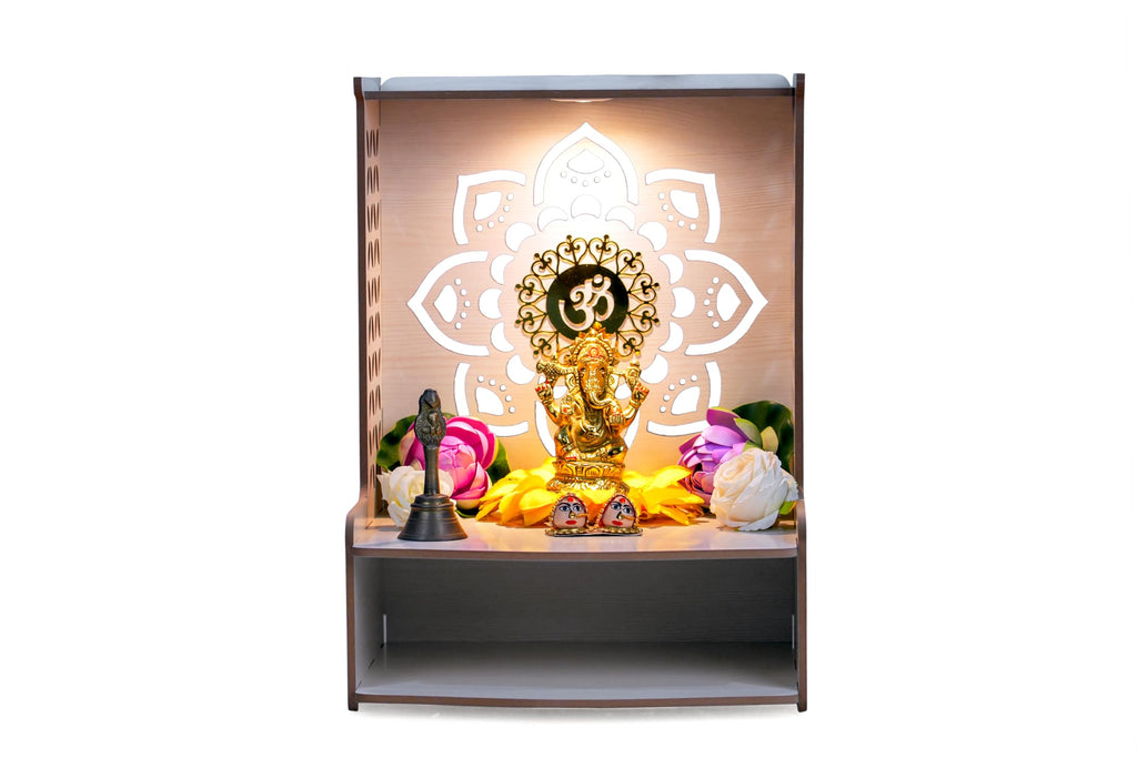PIXELCRAFTS Folding Wooden Finish Wall Mount Temple/mandir for Office and Home (H 15.5X L 11.5X B 10.5) White (White 2)