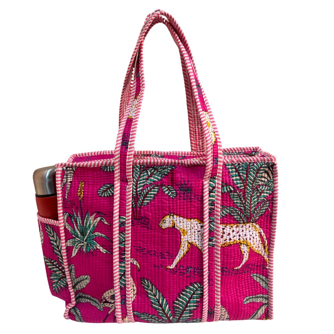The House of RajPadmini Floral Quilted Cotton Shopping Tote Bag, 16x16 inches, Striped Trim, External Bottle Pocket (Animal Print Pink)