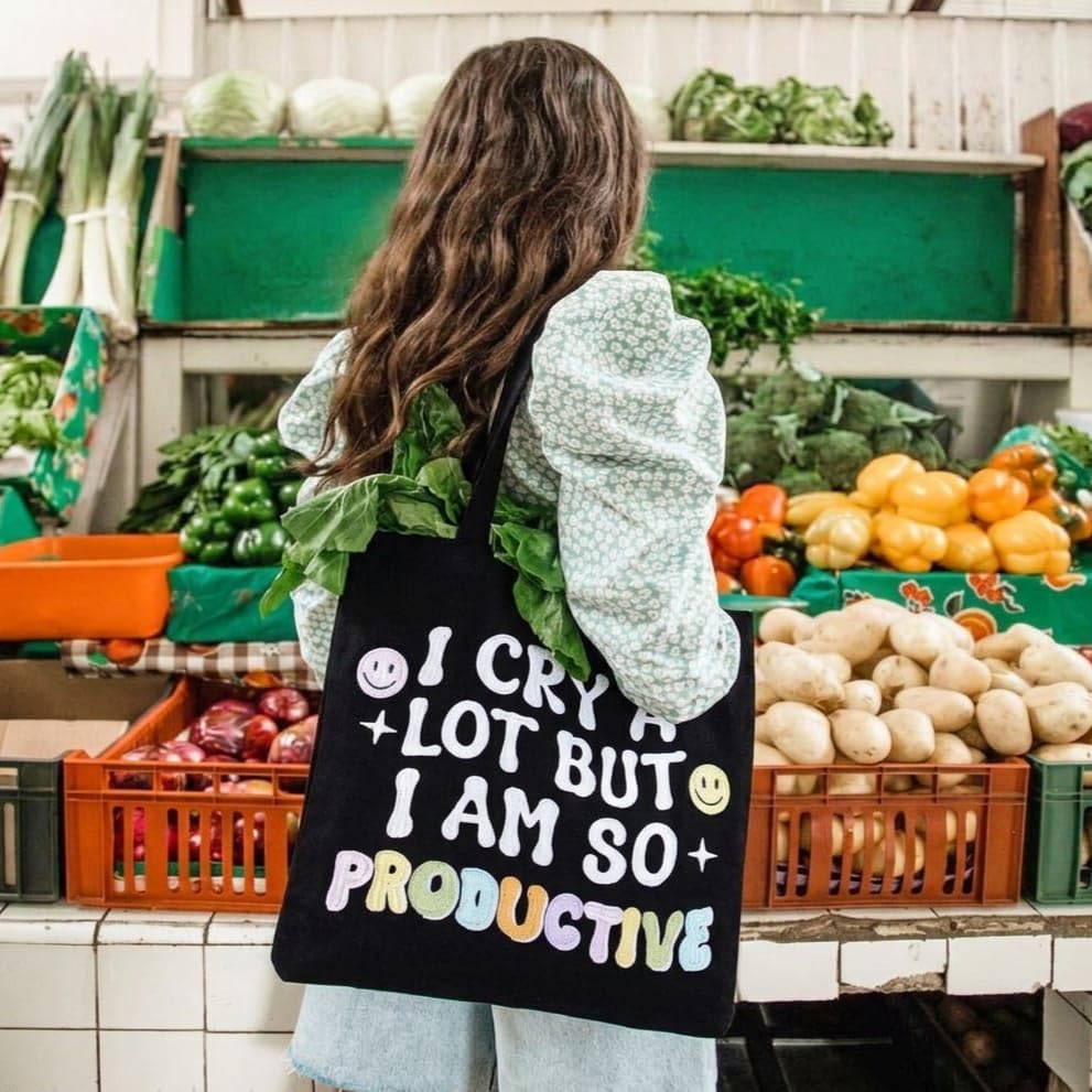 MASQ Premium ToteBag for Women with Zipper | Embroidered Foldable Shoulder Bag with Multiple Pockets | Spacious Handbag for College & Office | Eco-Friendly & Reusable (Tote_Bag_Productive)