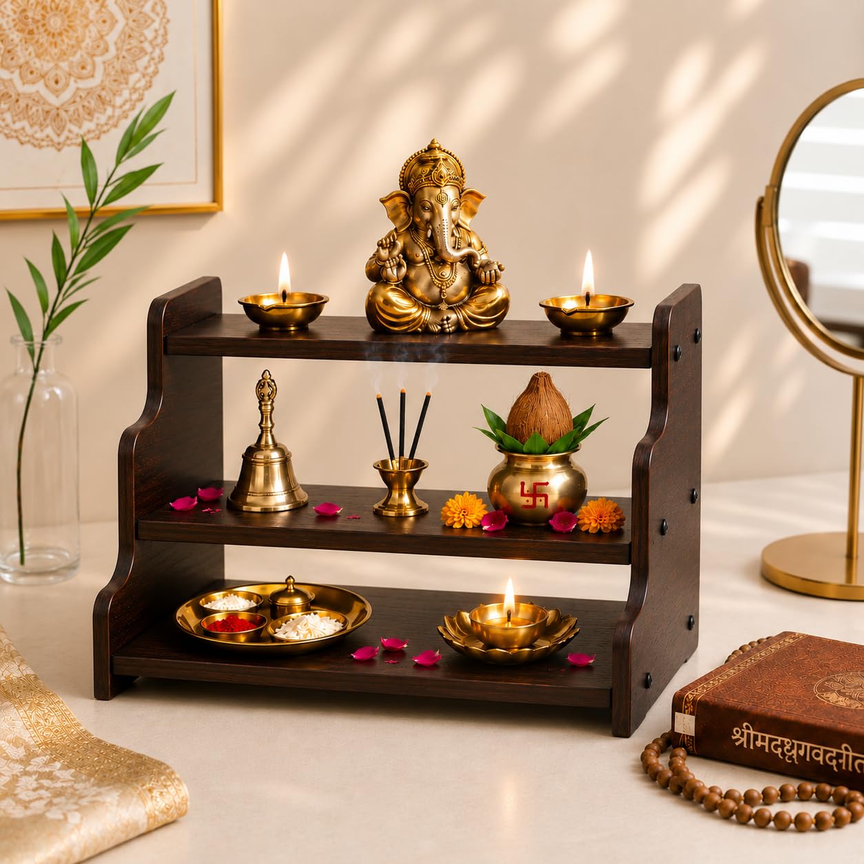 Wooden Mandir Shelf, Pooja Temple Wall Mount, Puja Decor, Idol Prayer Shelf