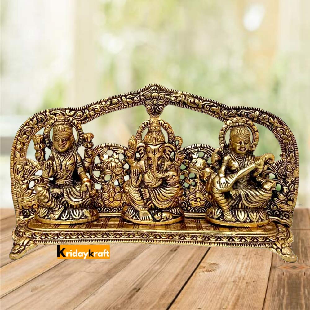 Prince Home Decor & Gifts Metal Laxmi Ganesh Saraswati Idol Decorative Platter with Diya (Golden, 25 X 6 X 14 cm)