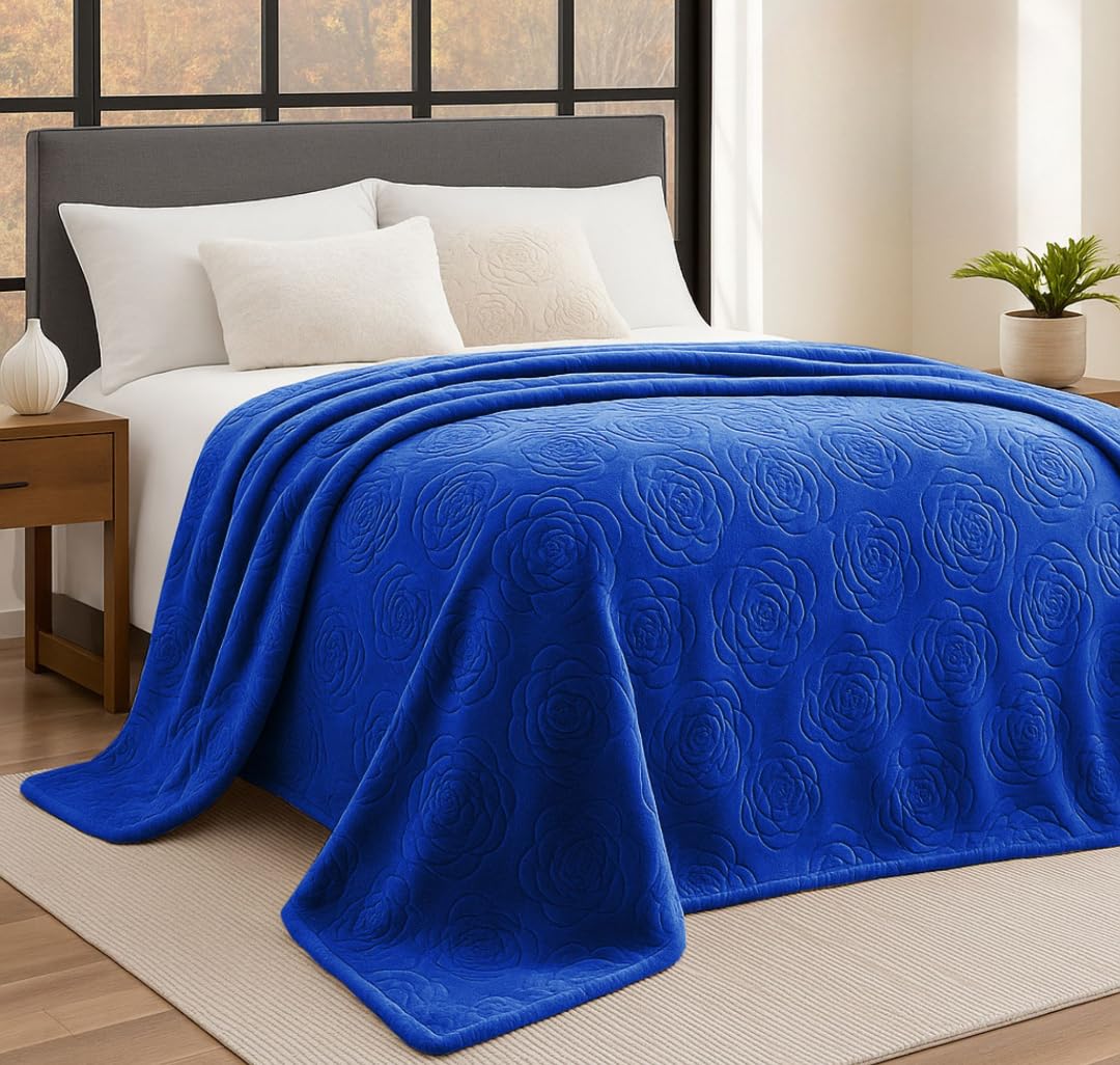 BSB HOME Rose Embossed Pattern Mink Blanket for Double Bed 400 GSM | Ultrasoft & Lightweight Solid Embroidery for Heavy Winter & Mild-Winter Couch | Travel (Color - Roya Blue, Weight - 2500 Grams) Kafalo