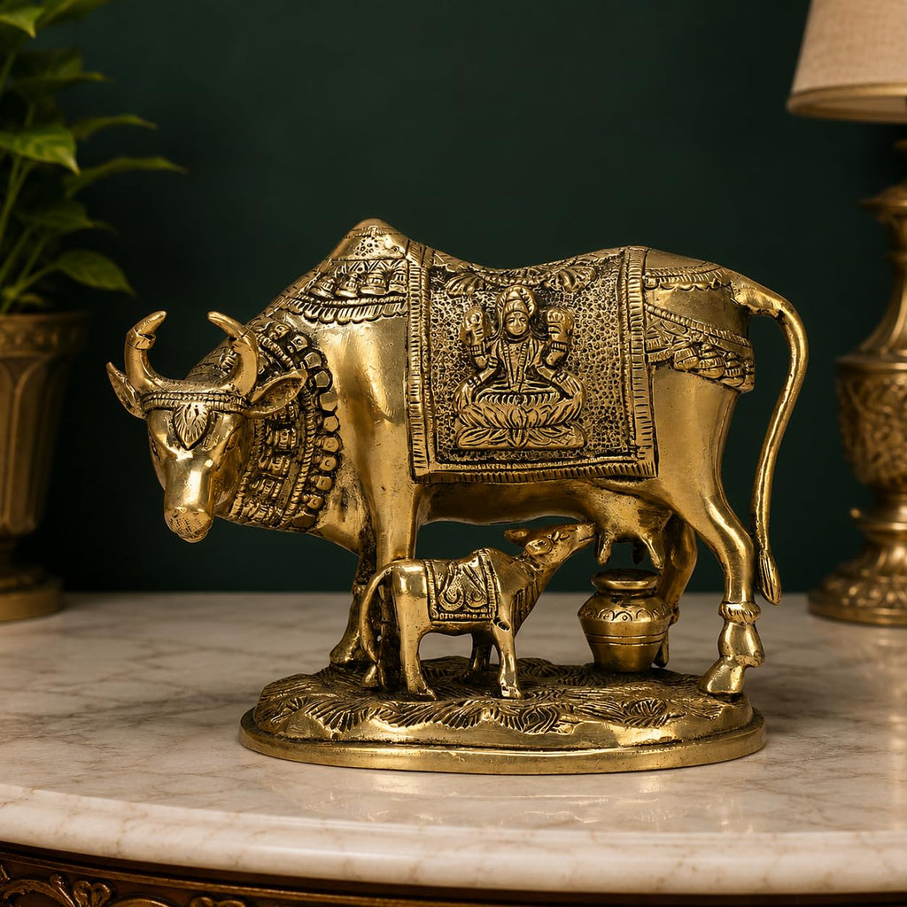 ARTVARKO Brass Laxmi Ganesha Engraved Cow and Calf Statue Kamdhenu Gau MATA Idol, Spiritual Vastu Nandi Pooja Decor, Gold Color 8 Inch