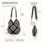 ZORA CRAFT Black & White Crochet Tote Bag for Women – Vintage Granny Square Handbag, Diamond Pattern, Stylish Office & Festival Bag, Fits 14 Laptop/MacBook
