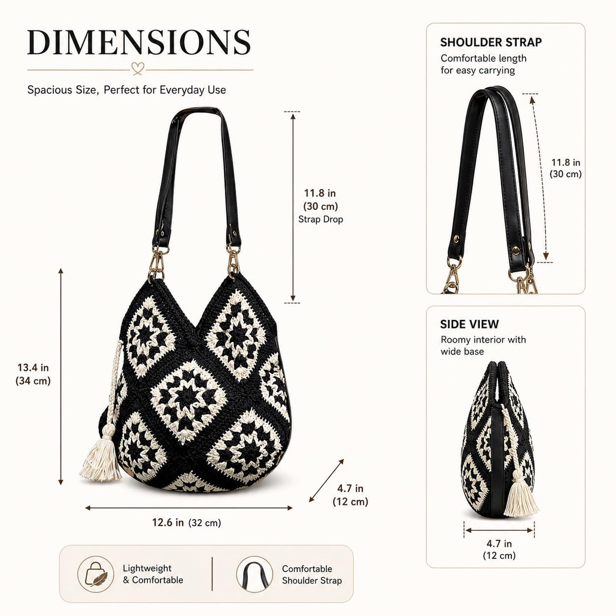 ZORA CRAFT Black & White Crochet Tote Bag for Women – Vintage Granny Square Handbag, Diamond Pattern, Stylish Office & Festival Bag, Fits 14 Laptop/MacBook