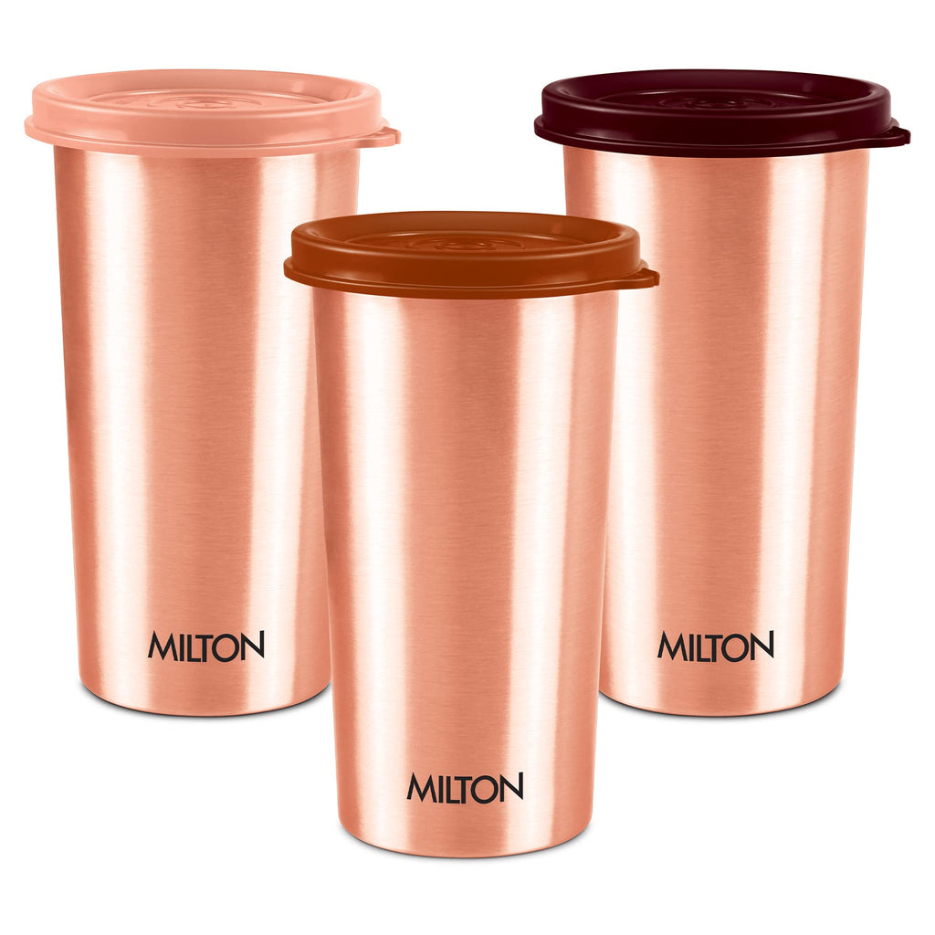 MILTON Copper Drinking Water Tumbler with Lid, Set of 3, 480 ml Each, Copper | 100% Leak Proof | Office | Gym | Yoga | Home | Kitchen | Hiking | Treking | Travel Tumbler