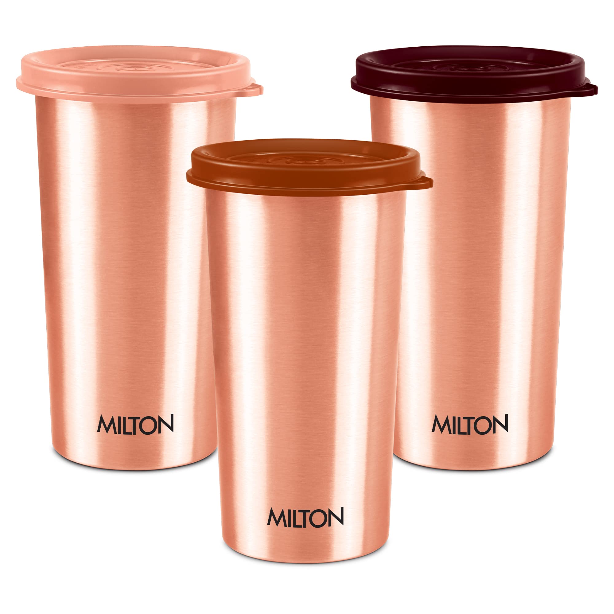 MILTON Copper Drinking Water Tumbler with Lid, Set of 3, 480 ml Each, Copper | 100% Leak Proof | Office | Gym | Yoga | Home | Kitchen | Hiking | Treking | Travel Tumbler