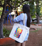 WOTM On The Move Tote | Premium Printed Cotton Canvas Tote Bag with Zipper & Inside Pocket, Stylish Everyday Travel Bag for Work, College, Office, Travel, Shopping (Be Bright)