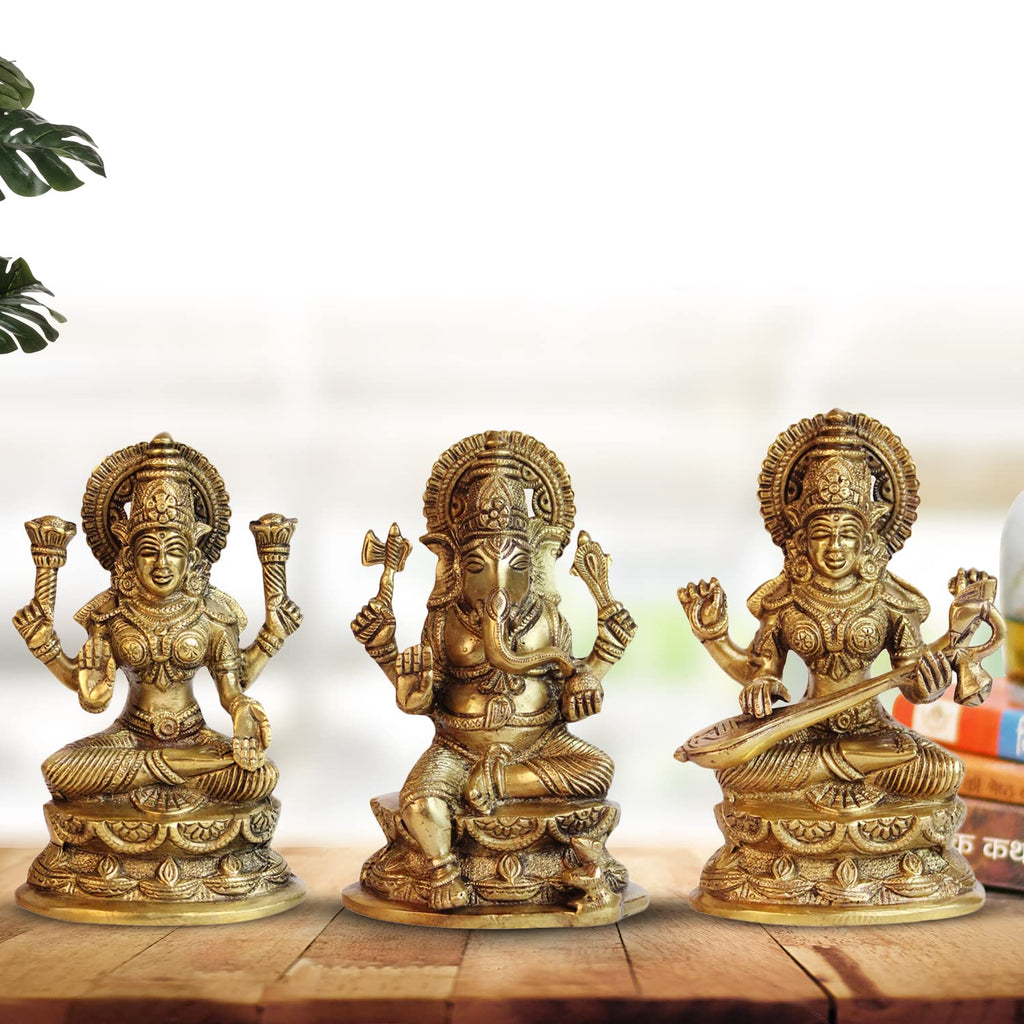ARTVARKO Brass Lakshmi Ganesha Saraswati Idol Ganesh laxmi Murti Statue for Puja Home Office Success Entrance Decor Diwali Pooja Good Luck Gift 7 Inches