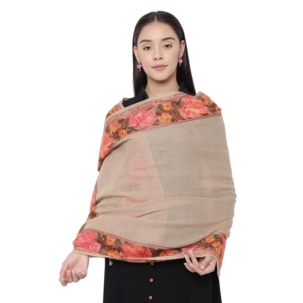 Pashmoda Women’s 100% Pure Wool Aari Embroidered Stole, Shawl and Wrap, Woolmark Certified, Sustainable and Natural Fabric (Size 28x80)(Beige)