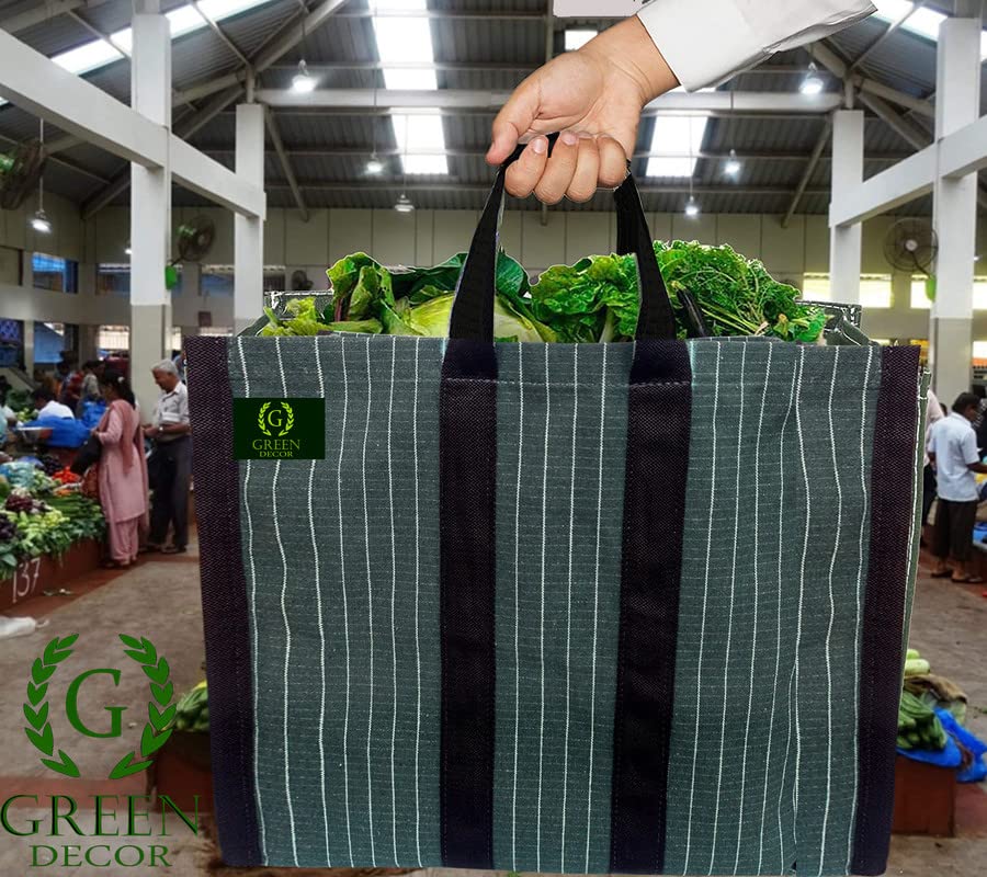 GREEN DECOR Waterproof Cotton Canvas Super Strong Heavy Duty Reusable Milk Bag/Shopping/Grocery/Vegetable Bag with Reinforced Handles & Thick Bottom for Strength (Green,16X8X13 Inch) Pack of 2