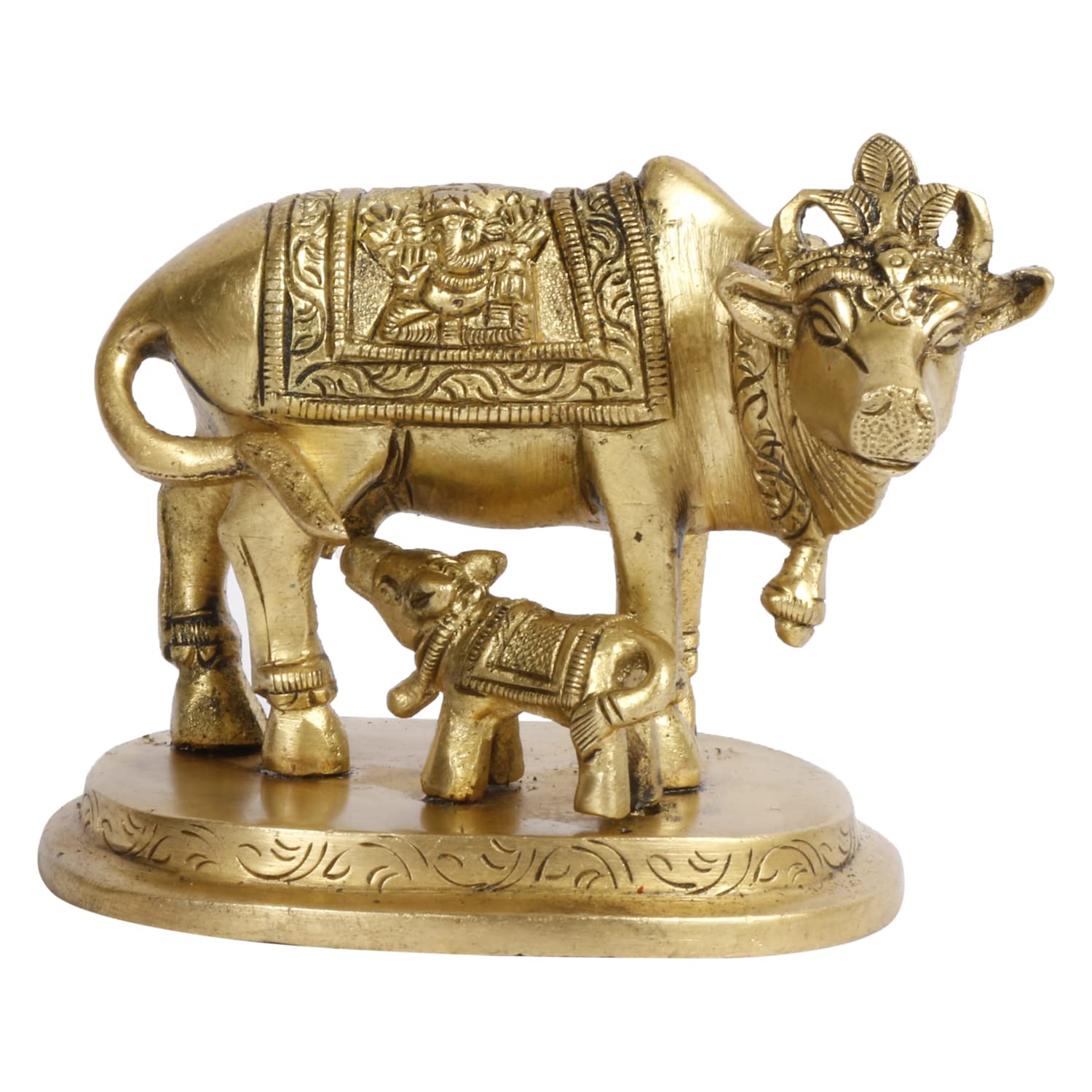 ARTVARKO Brass Cow and Calf Statue Nandi Kamdhenu Vastu Lakshmi Ganesha Carving on Gau MATA Idol,(9x6x7.5 cm)