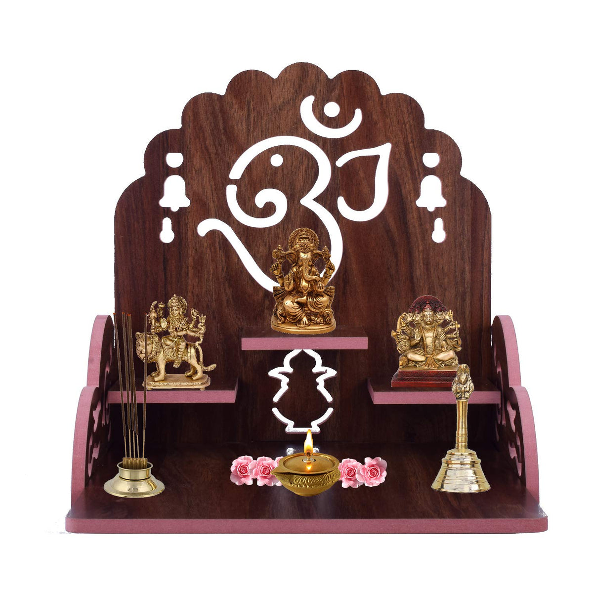 Om Shree Fully Handmade Beautiful Wooden Home and Office Temple/Pooja Mandir(28 x 28 x 26 cm) (Dark Brown 6)