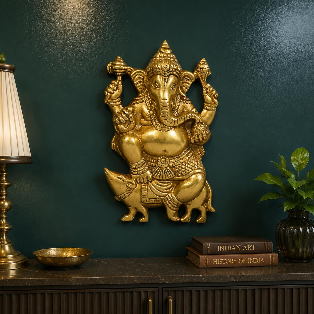 Artavrko Brass Ganesha Murti Ganesh Wall Hanging Idol Mangalkari Ganpati Sitting on Mooshak Statue for Home Entrance Height 7 Inch