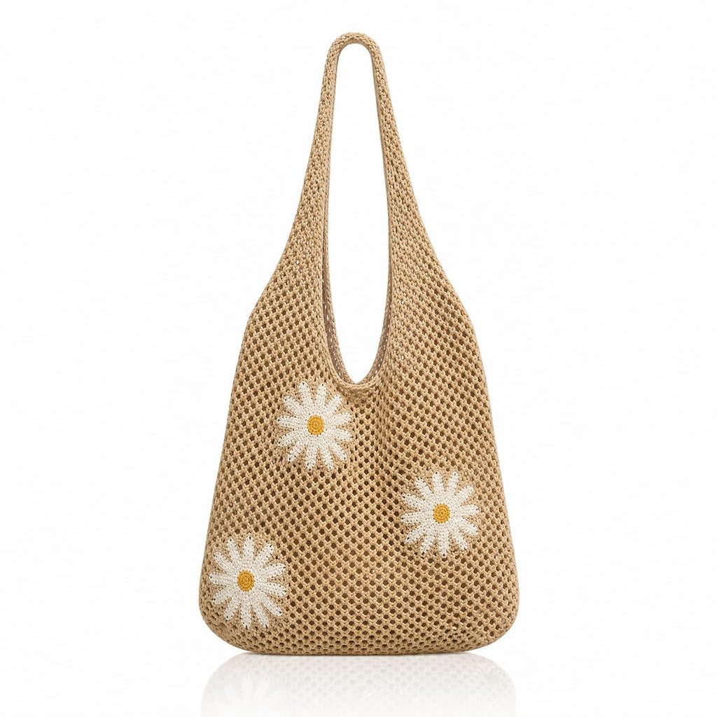 Tote Bag for Women Crochet Mesh Beach Shoulder Bag Khaki Knitted Summer Vacation Handbag with Flower Brooch Large Capacity Lightweight Casual Travel Shopping Shoulder Bag for Women Stylish Design