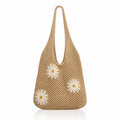 Tote Bag for Women Crochet Mesh Beach Shoulder Bag Khaki Knitted Summer Vacation Handbag with Flower Brooch Large Capacity Lightweight Casual Travel Shopping Shoulder Bag for Women Stylish Design