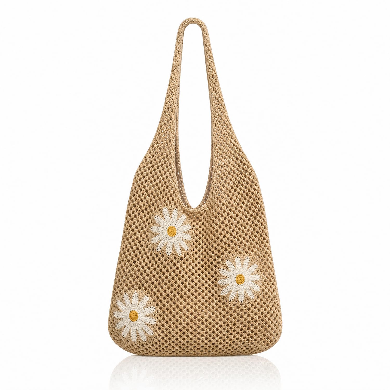 Tote Bag for Women Crochet Mesh Beach Shoulder Bag Khaki Knitted Summer Vacation Handbag with Flower Brooch Large Capacity Lightweight Casual Travel Shopping Shoulder Bag for Women Stylish Design