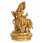 ARTVARKO Brass Lord Krishna God Murti Statue of Love Flute Playing with Cow and Peacock Home Décor Living Pooja Room Mandir Temple (LxBxH 5x4x7 Inch)