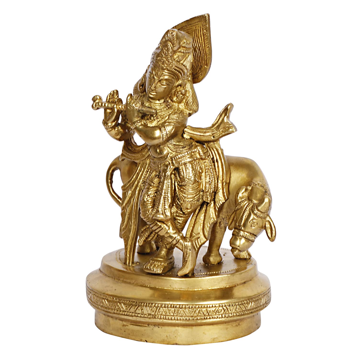 ARTVARKO Brass Lord Krishna God Murti Statue of Love Flute Playing with Cow and Peacock Home Décor Living Pooja Room Mandir Temple (LxBxH 5x4x7 Inch)