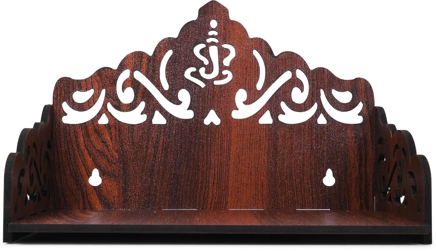 FLYUP Wooden Mandir for Home Pooja | Wall & Tabletop Temple with Ganesh Ornamental Cutout | Solid Wood Finish Home Temple with Storage Shelf (Ganesh Ornamental)