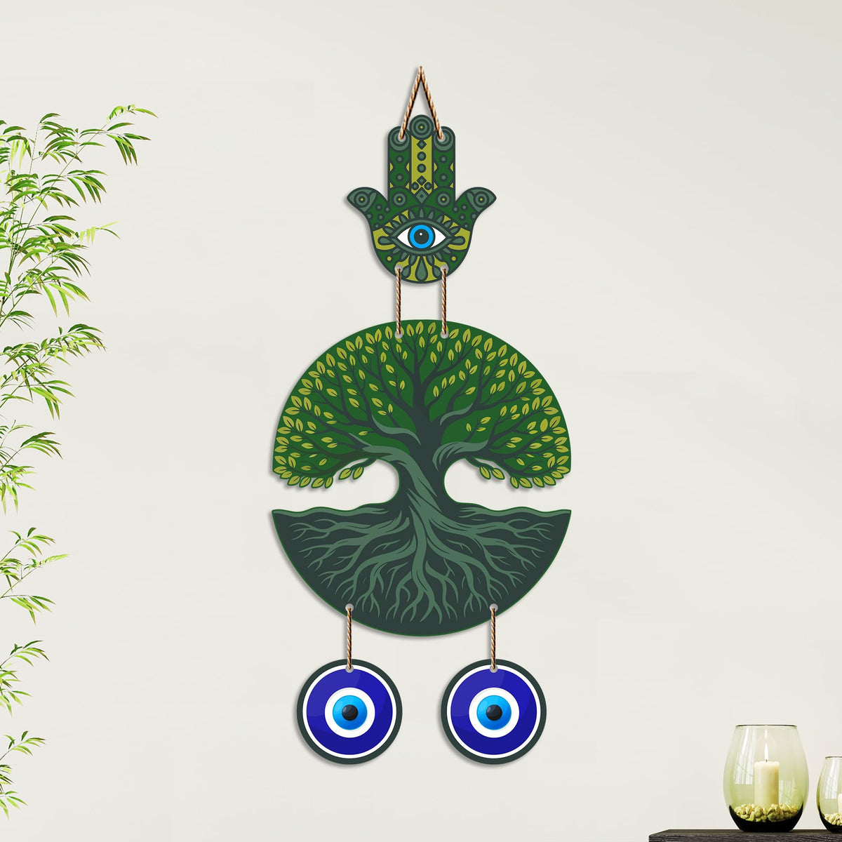 Artvibes Green Tree of Life Evil Eye Wall Decor for Main Door Entrance | Nazar Suraksha Hanging for Home Living Room Office | Vastu Feng Shui Positive Energy Decorative Gift Item (WH_85124N)