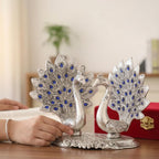 KridayKraft Double Peacock Metal Statue, Lovers Peacock Couple, Animal Showpiece Figurines, Feng Shui as Table Top Figurine for Living Room, Office, Bedroom, Decorative (Silver)