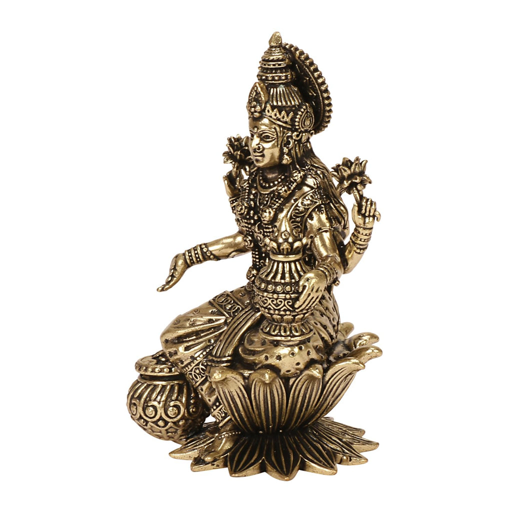 ARTVARKO Brass Laxmi Murti Lakshmi Idol Luxmi Goddess Lakshmi Sitting on Lotus Statue for Home Decor Puja Mandir Temple Small 4 Inch