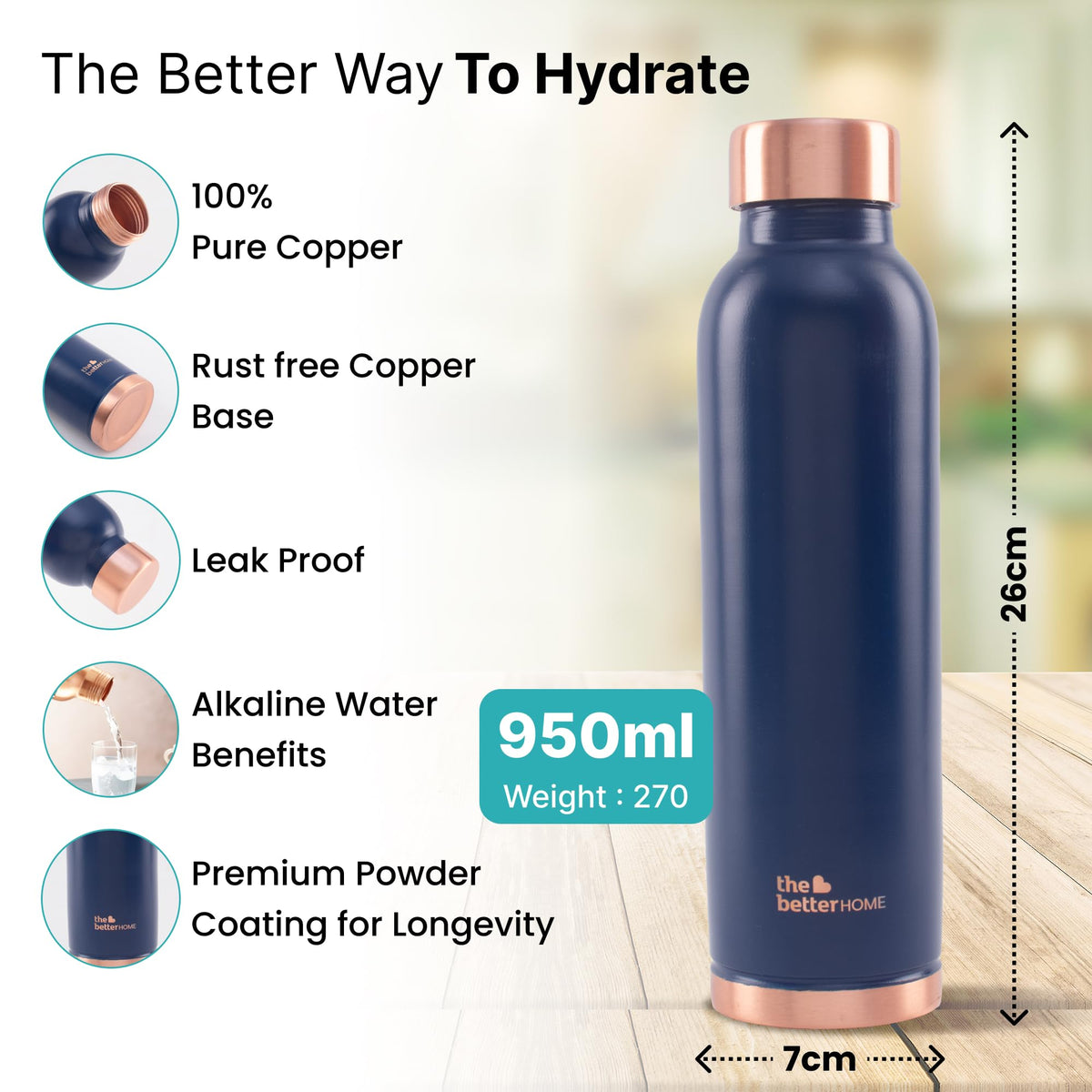 The Better Home Copper Water Bottle | Copper Water Bottle 950ml | With Anti Oxidant Properities | Provides Health Benefits | Pure Tamba | Blue
