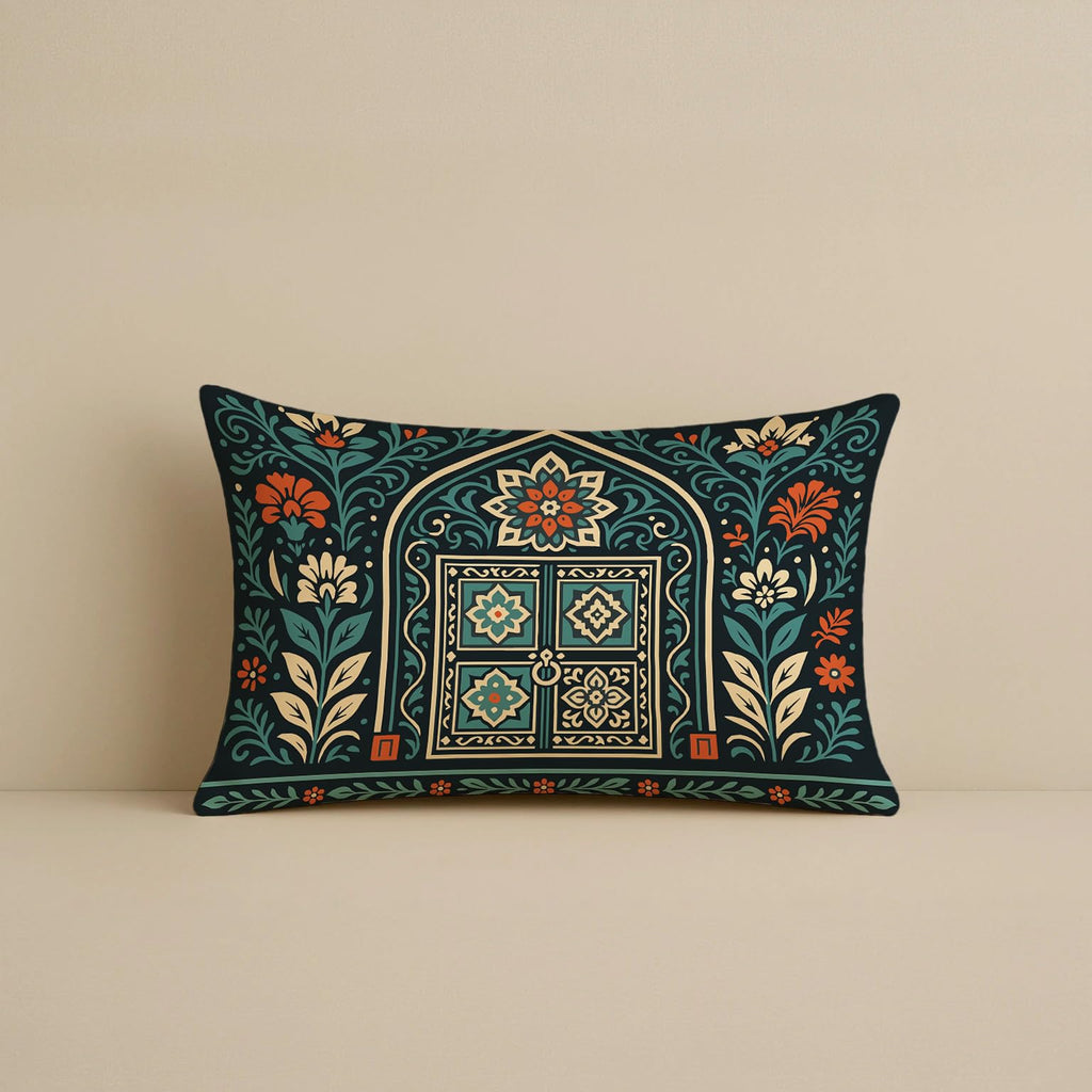 STITCHNEST Satin Cushion Covers Pack of 2 Rajasthani Haveli Door & Floral Arch Design, 12x18 Inch, Black Ethnic Decor for Sofa, Living Room & Festive Styling