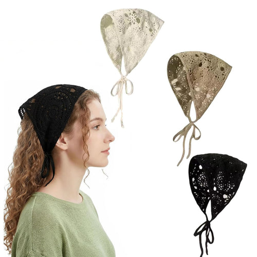 3Pcs Crochet Bandana Head Scarf for Women, Bohemian Triangle Hair Scarves with Black White Brown Colors, Lightweight Summer Beach Accessories for Outdoor Activities and Daily Wear