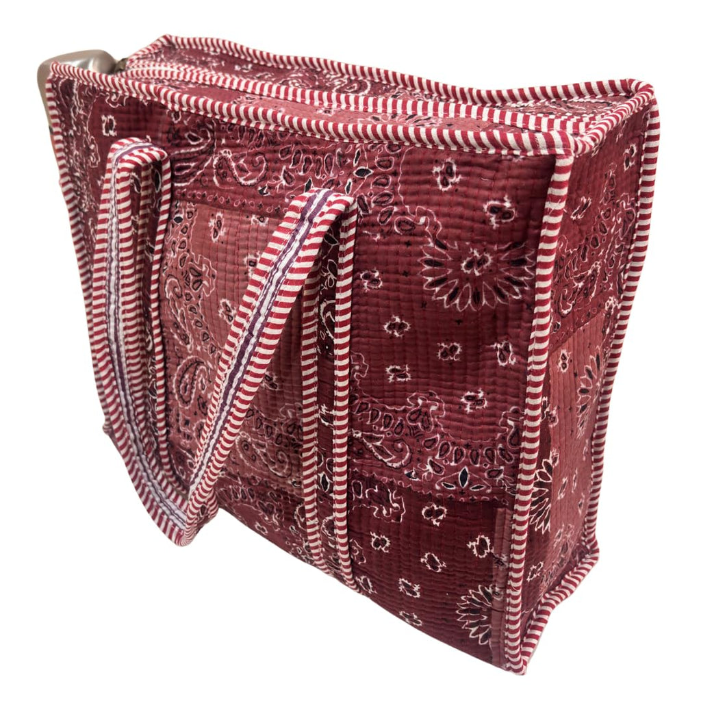 The House of RajPadmini Floral Quilted Cotton Shopping Tote Bag, 16x16 inches, Striped Trim, External Bottle Pocket (Shaded Maroon)