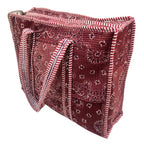 The House of RajPadmini Floral Quilted Cotton Shopping Tote Bag, 16x16 inches, Striped Trim, External Bottle Pocket (Shaded Maroon)